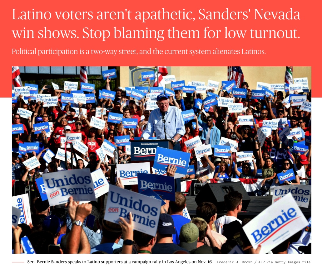 NBCNews: Latino voters aren’t apathetic, Sanders’ Nevada win shows. Stop blaming them for low turnout.